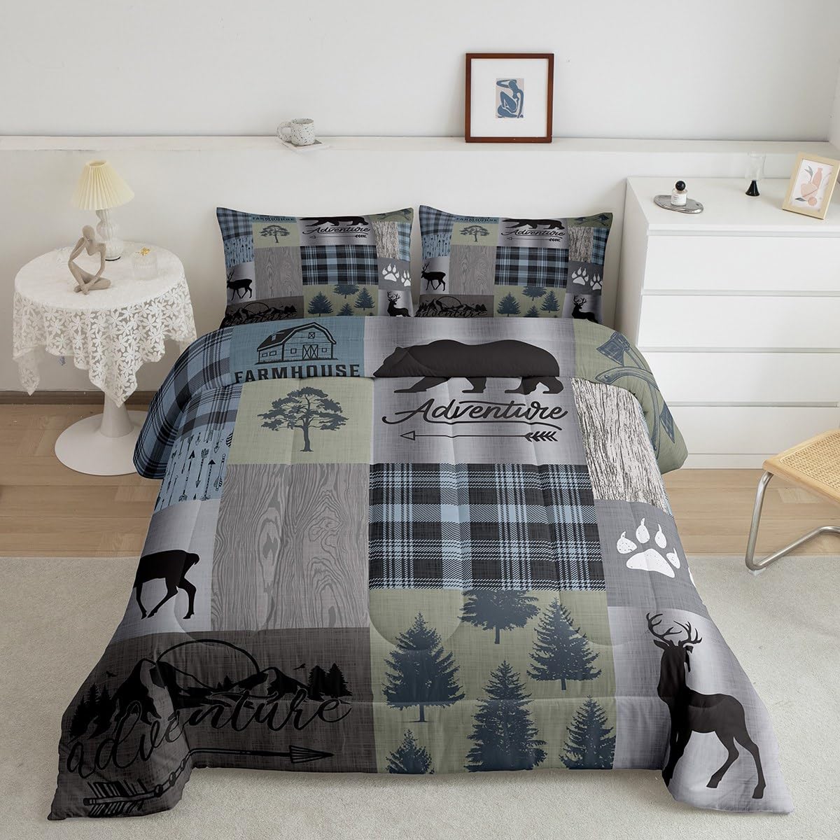 Castle Fairy Grey Green Happy Camping Comforter Set Twin,Geometric Plaid Patchwork Quilt Set Traveling Rv Decor,Pine Bear Deer A