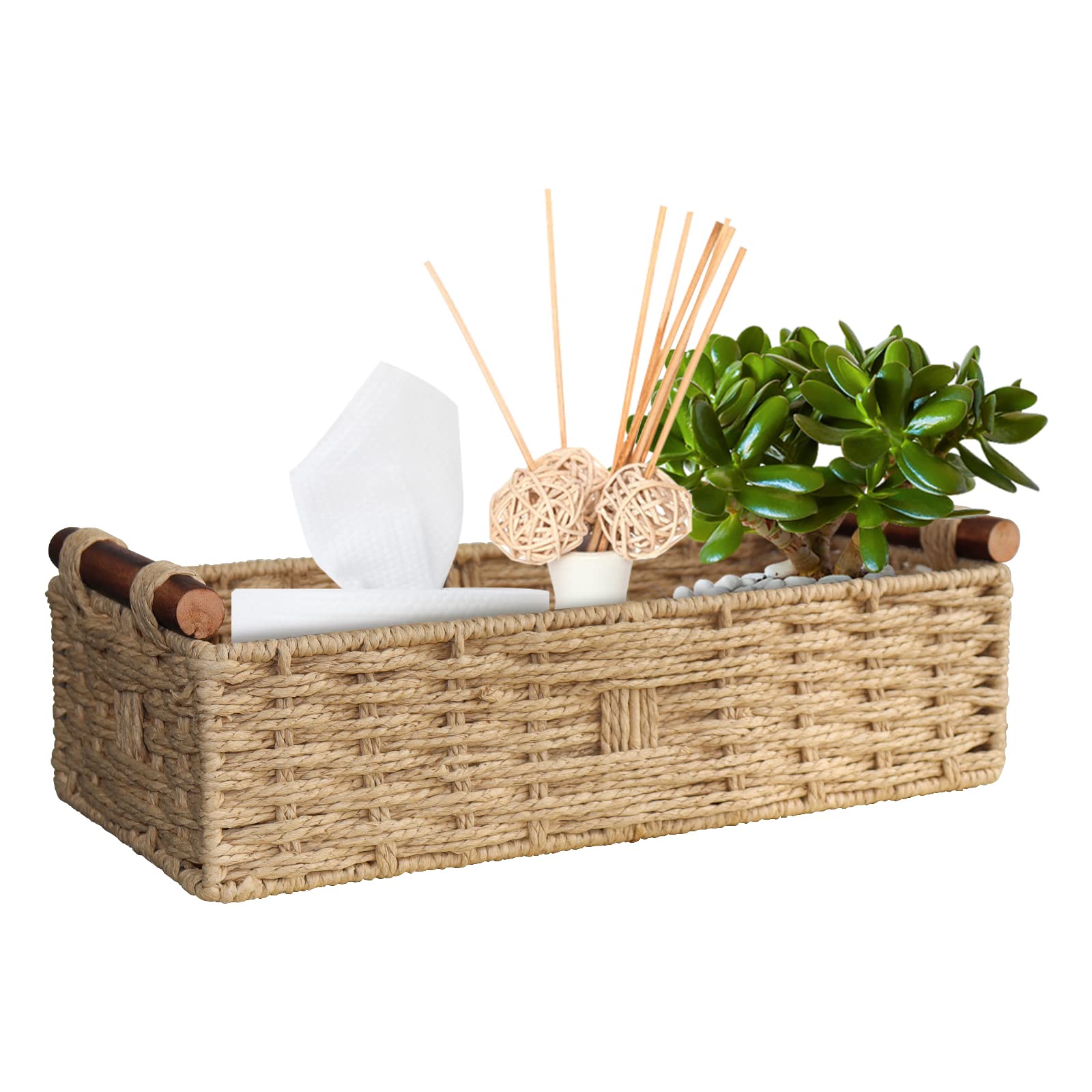 Round Paper Rope Storage Basket Wicker Baskets for Organizing with Handle Decorative Storage Bins for Countertop Toilet Paper Ba