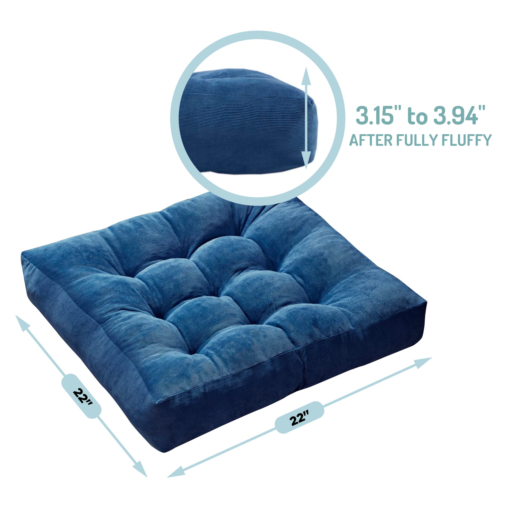 Degrees Of Comfort Meditation Floor Pillow Set Of 2, Square Large Pillows Seating For Adults, Tufted Corduroy Cushions For Living Room Tatami, Memory Foam Added, Navy Blue, 22X22 Inch