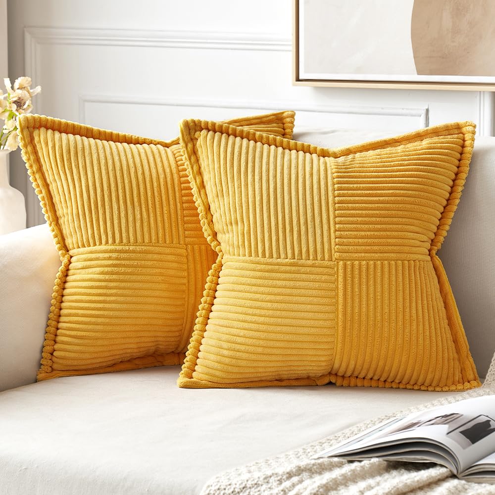 Miulee Golden Yellow Corduroy Pillow Covers 18 X 18 Inch With Splicing Set Of 2 Super Soft Boho Striped Pillow Covers Broadside