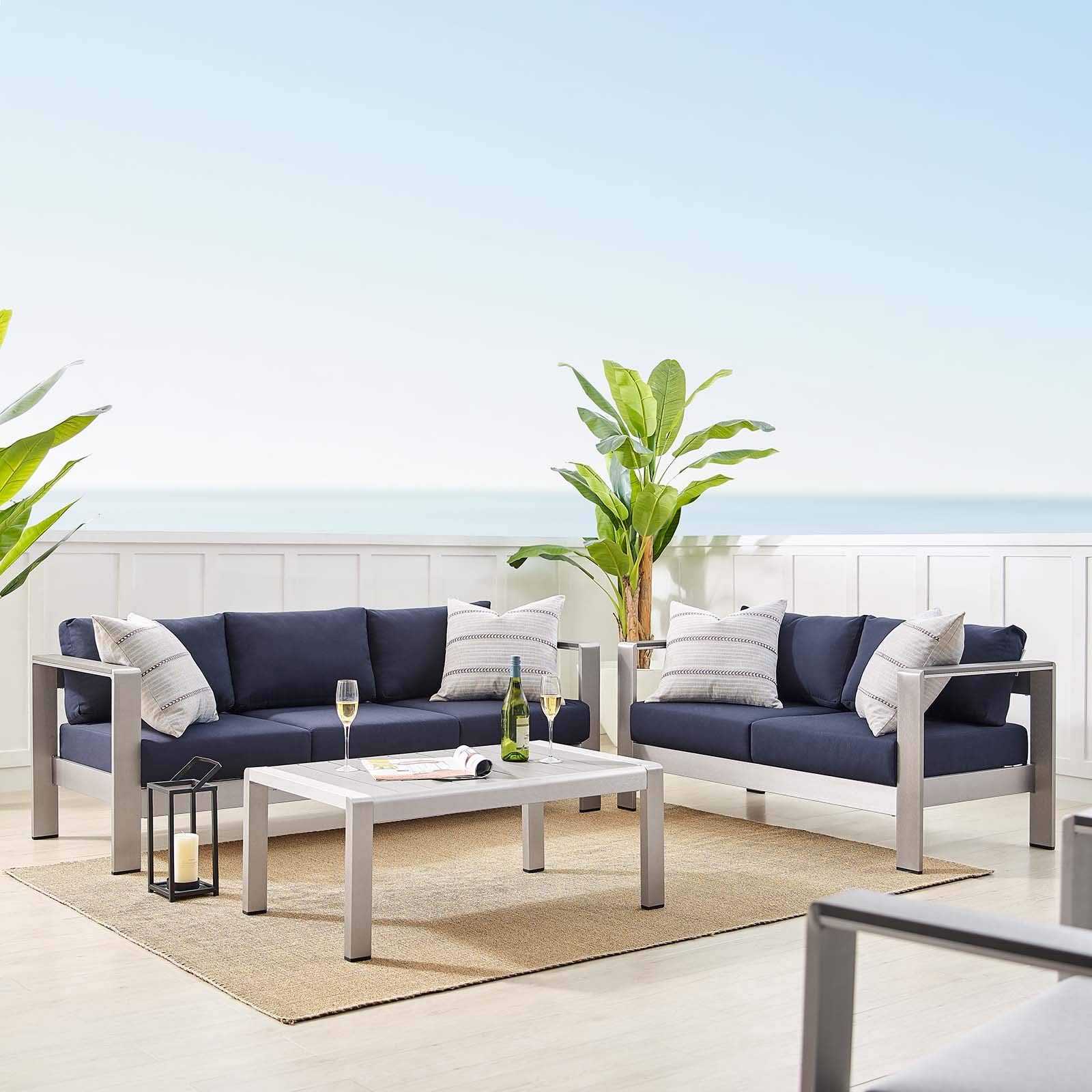 Modway Eei-4313-Slv-Nav-Set Patio Aluminum 3 Piece Set In Silver Navy