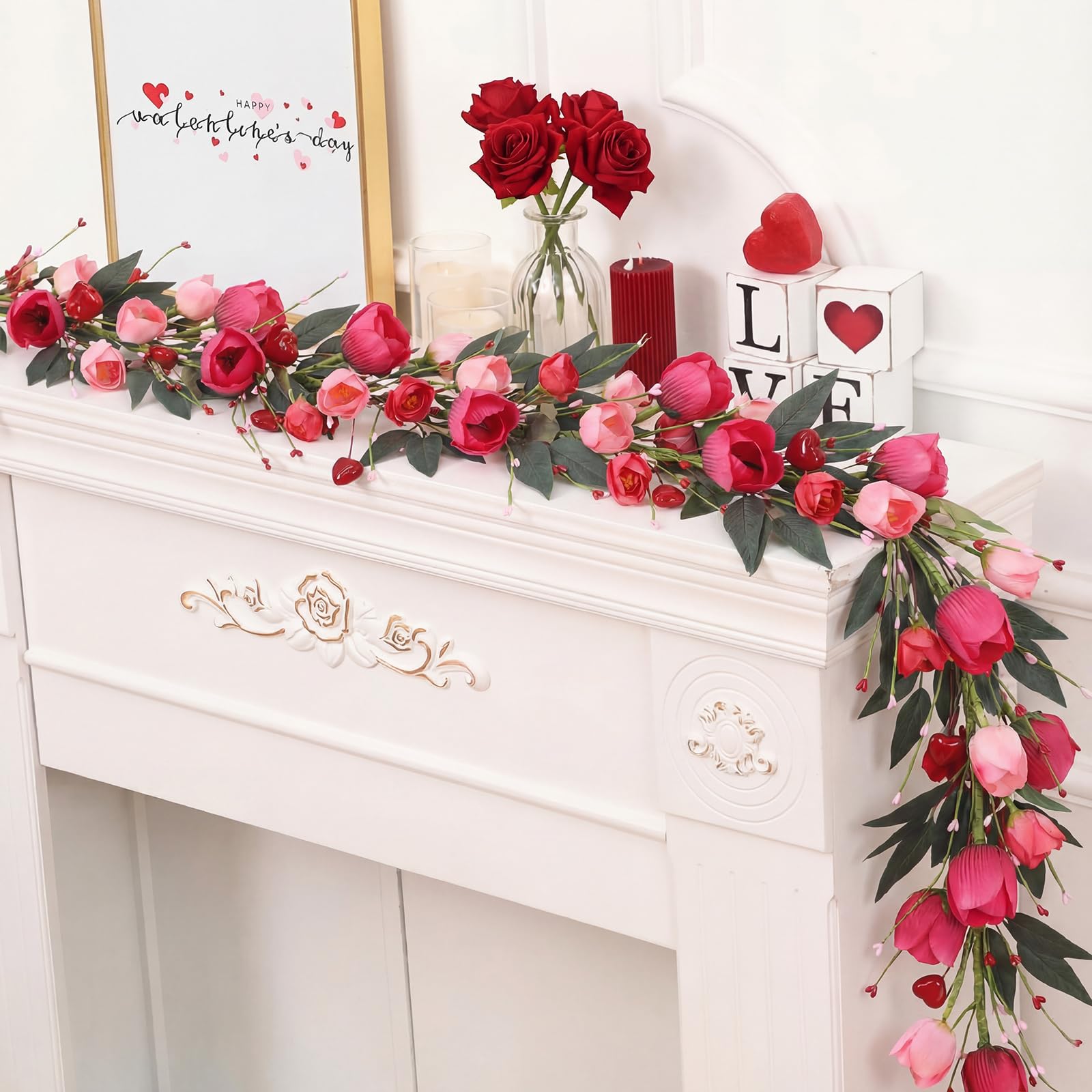 Suncalla 6 Ff Valentine's Day Garland Romantic Artificial Spring Garlands with Rose Tulips Flowers Heart Berries Farmhouse Flora