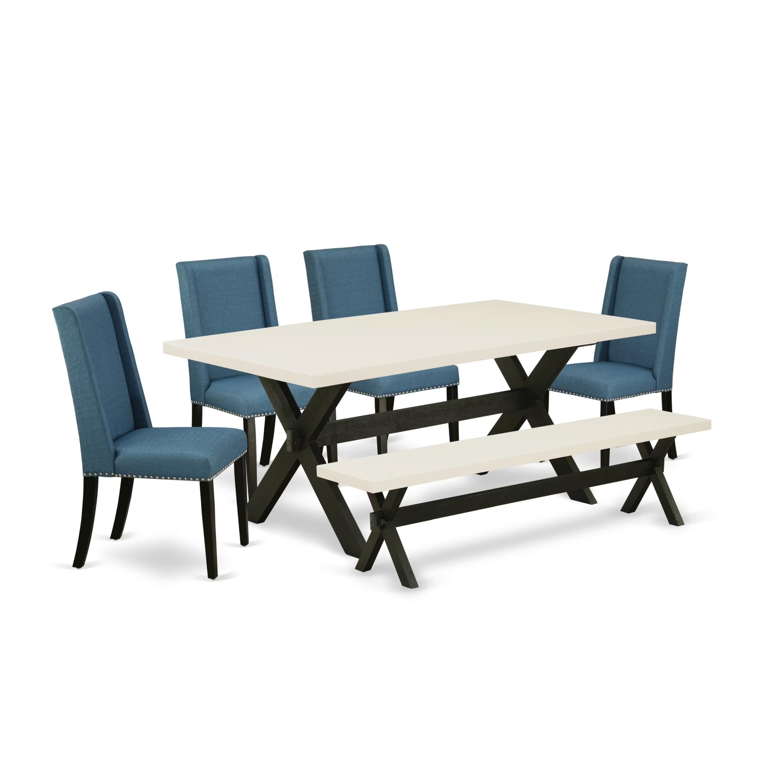 East West Furniture X627Fl121-6 6 Piece Dining Set Contains A Rectangle Dining Room Table With X-Legs And 4 Blue Linen Fabric Parson Chairs With A Bench, 40X72 Inch, Multi-Color