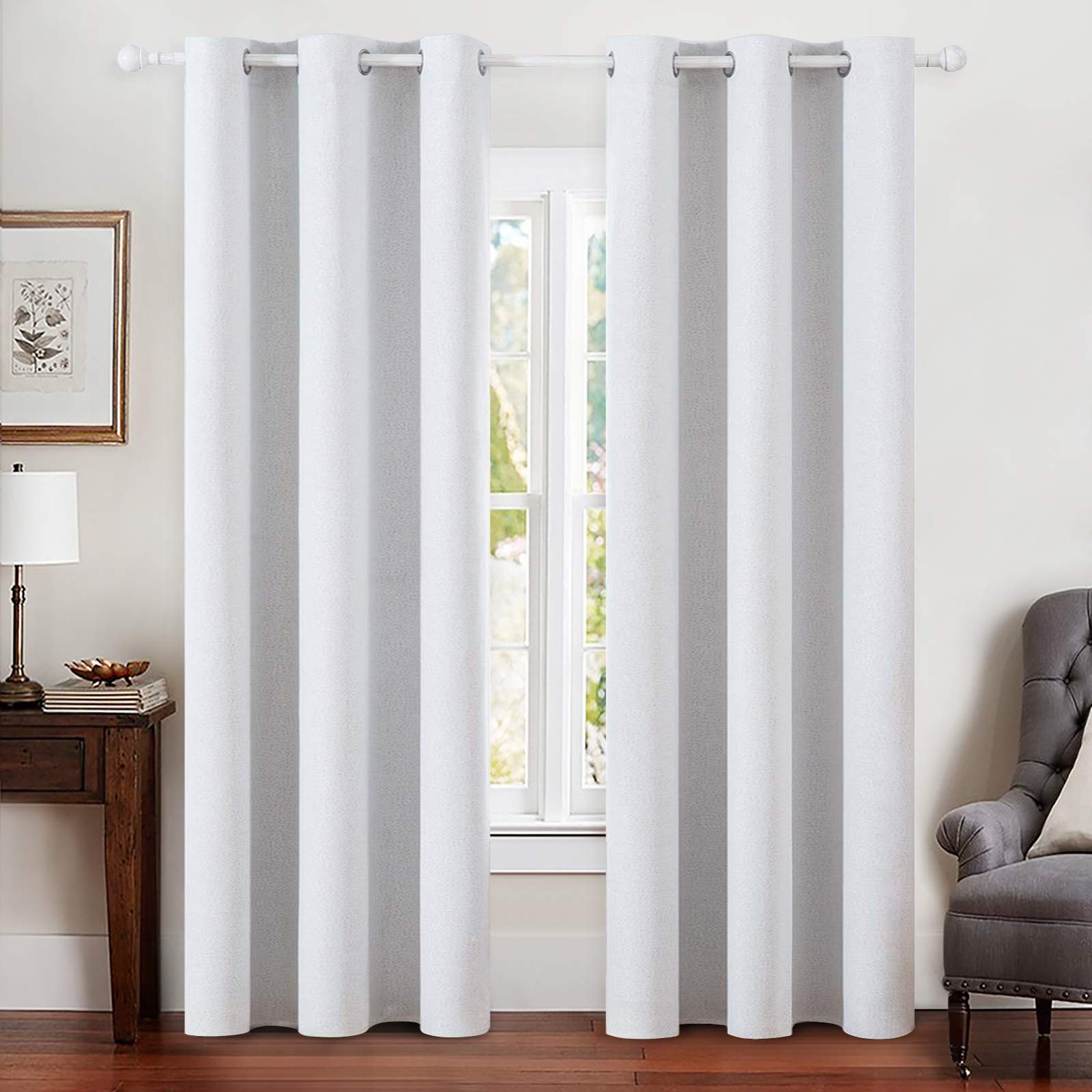 Miulee Linen Blackout Curtains For Bedroom Solid 100% Blackout Thermal Insulated Grayish White Curtains Grommet Room Darkening C