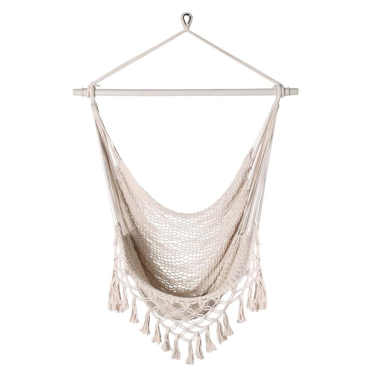 Handwoven Cotton Rope Hammock Chair With Metal Spreader Bar, Boho Hanging Chair Bedroom, Indoor Outdoor Swing Chair With Tassle,