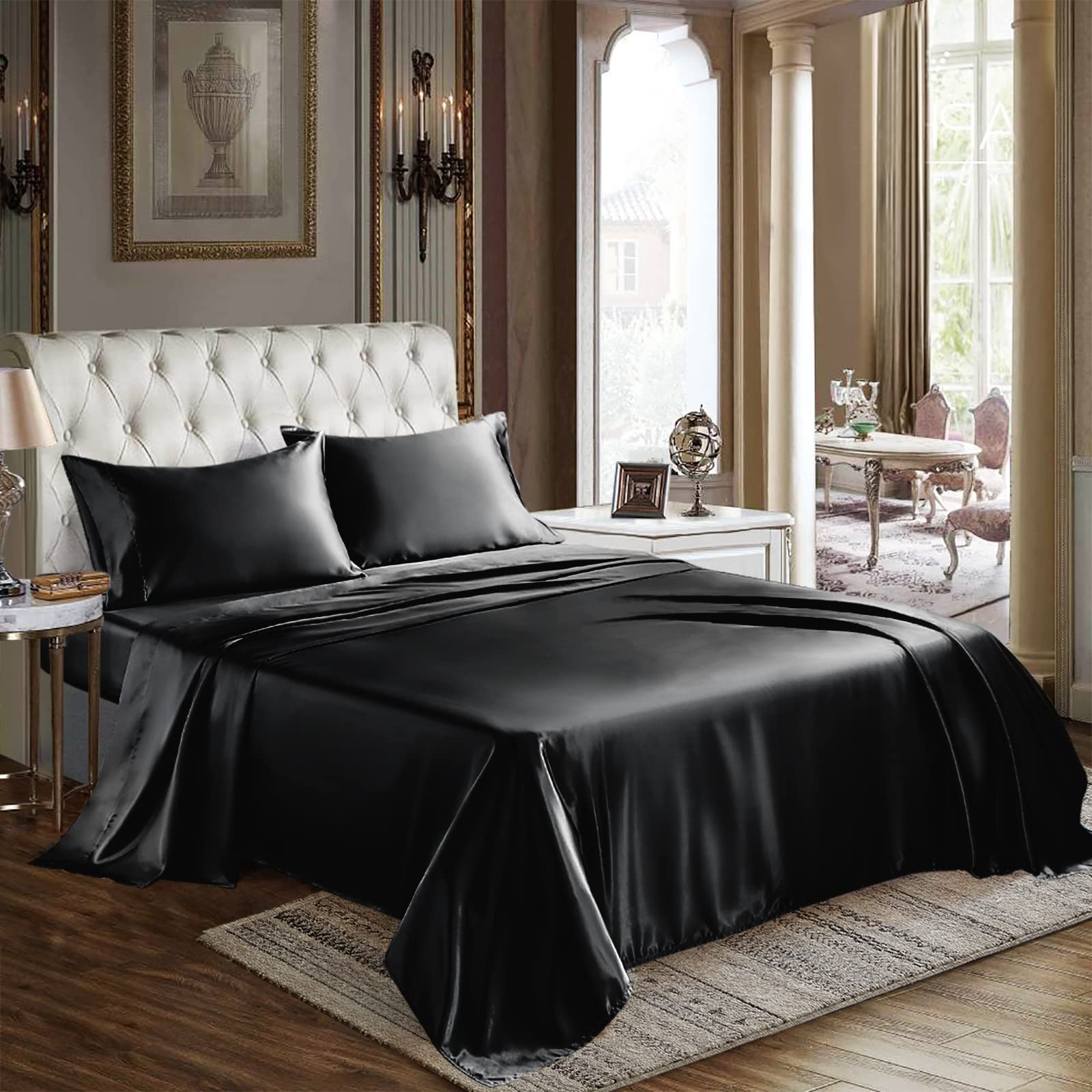 Cozylux Satin Sheets King Size - 4 Piece Black Bed Sheet Set With Silky Microfiber, 1 Deep Pocket Fitted Sheet, 1 Flat Sheet, An