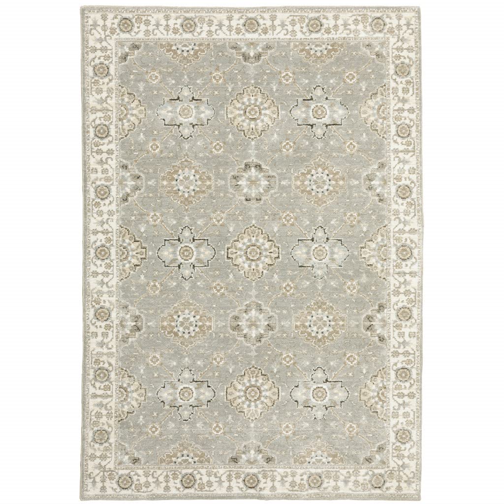 HomeRoots 510098 10 x 13 ft. Gray Ivory Tan Brown & Gold Oriental Power Loom Stain Resistant Rectangle Area Rug