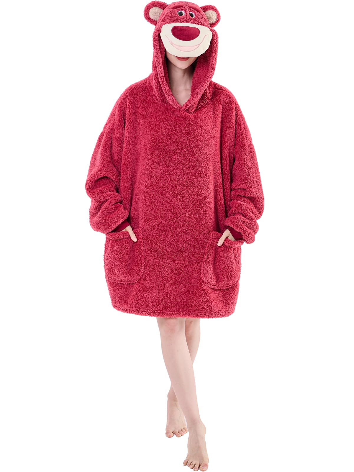 Newcosplay Wearable Blanket Hoodie Sherpa Hoodie Blanket For Women Men Warm Oversized Sweatshirt With Pockets (Rose Bear, Adult)