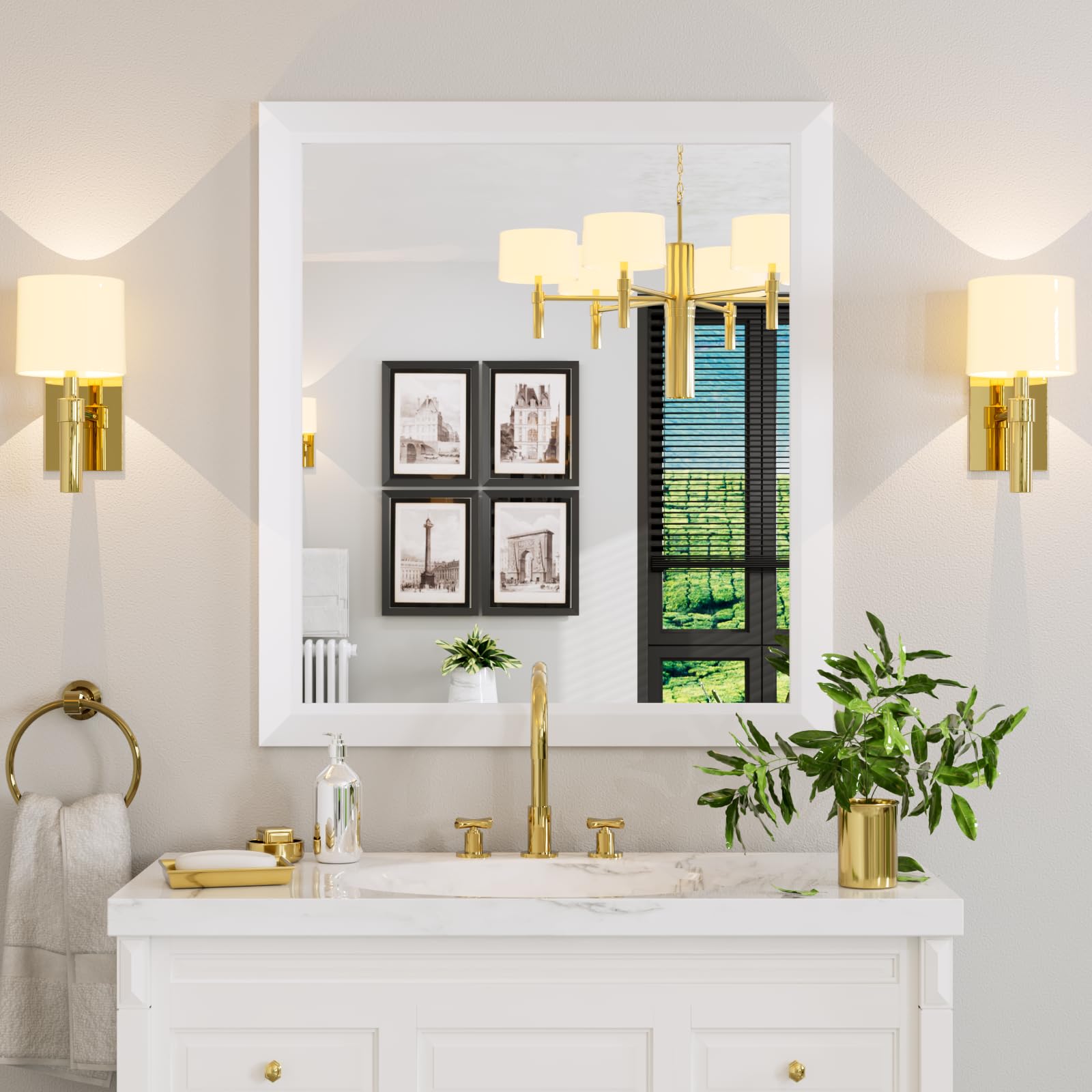 Amorho Bathroom Mirror, 36x32 Inch White Thick Metal Framed Wall Mirrors for Over Sink, Bedroom, Living Room, Entryway, Rectangl