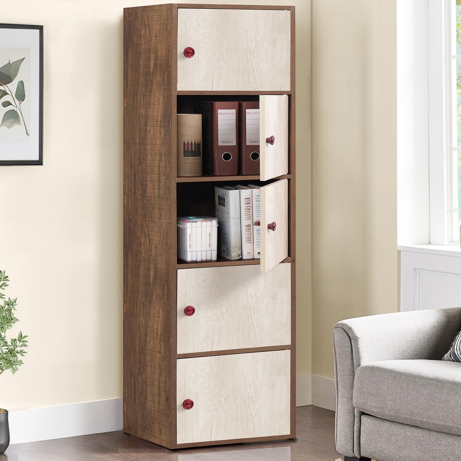 About Space Wooden Cabinet  5 Tier Storage Cabinet For Living Room With Magnetic Door, Space Saving Book Self For Home, Enginee