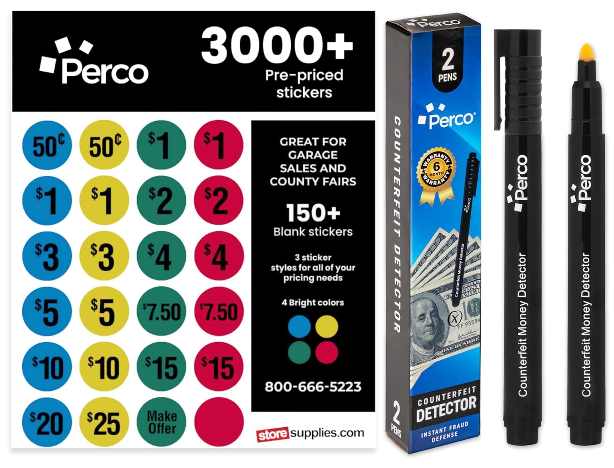Perco Garage Sale Price Stickers With Counterfeit Money Detector Pens Kit - Includes 3000+ Pre-Priced & 150+ Blank Stickers And