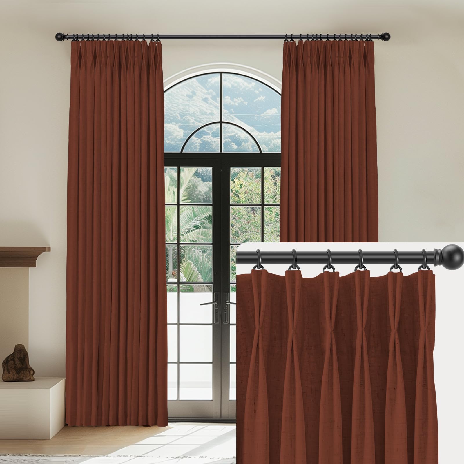 Capaloca Terracotta Linen Pinch Pleated Curtains Blackout 100% Black Out Curtains 96 Inches Long 2 Panels Pinch Pleat Curtains W