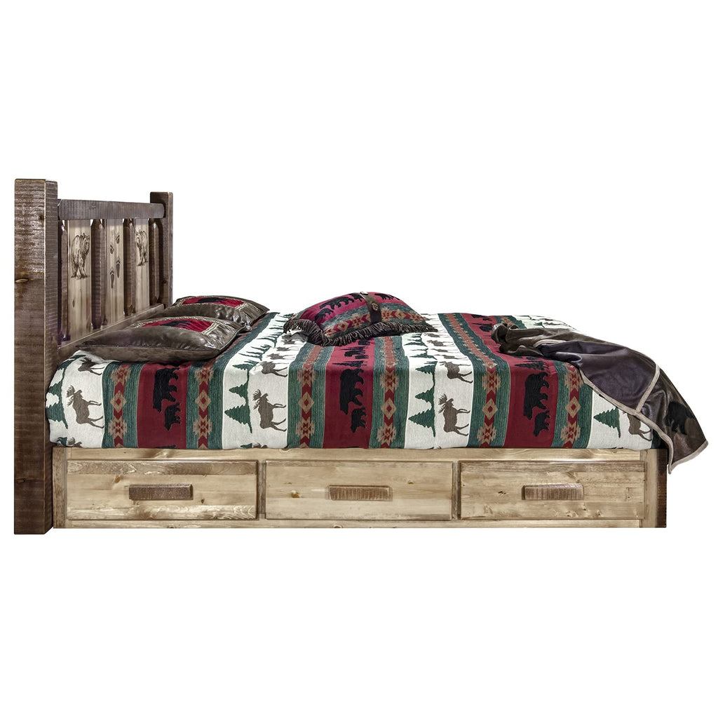 Montana Woodworks Homestead Collection Platform Bed w/Storage, Full w/Laser Engraved Bear Design, Stain & Clear Lacquer Finish