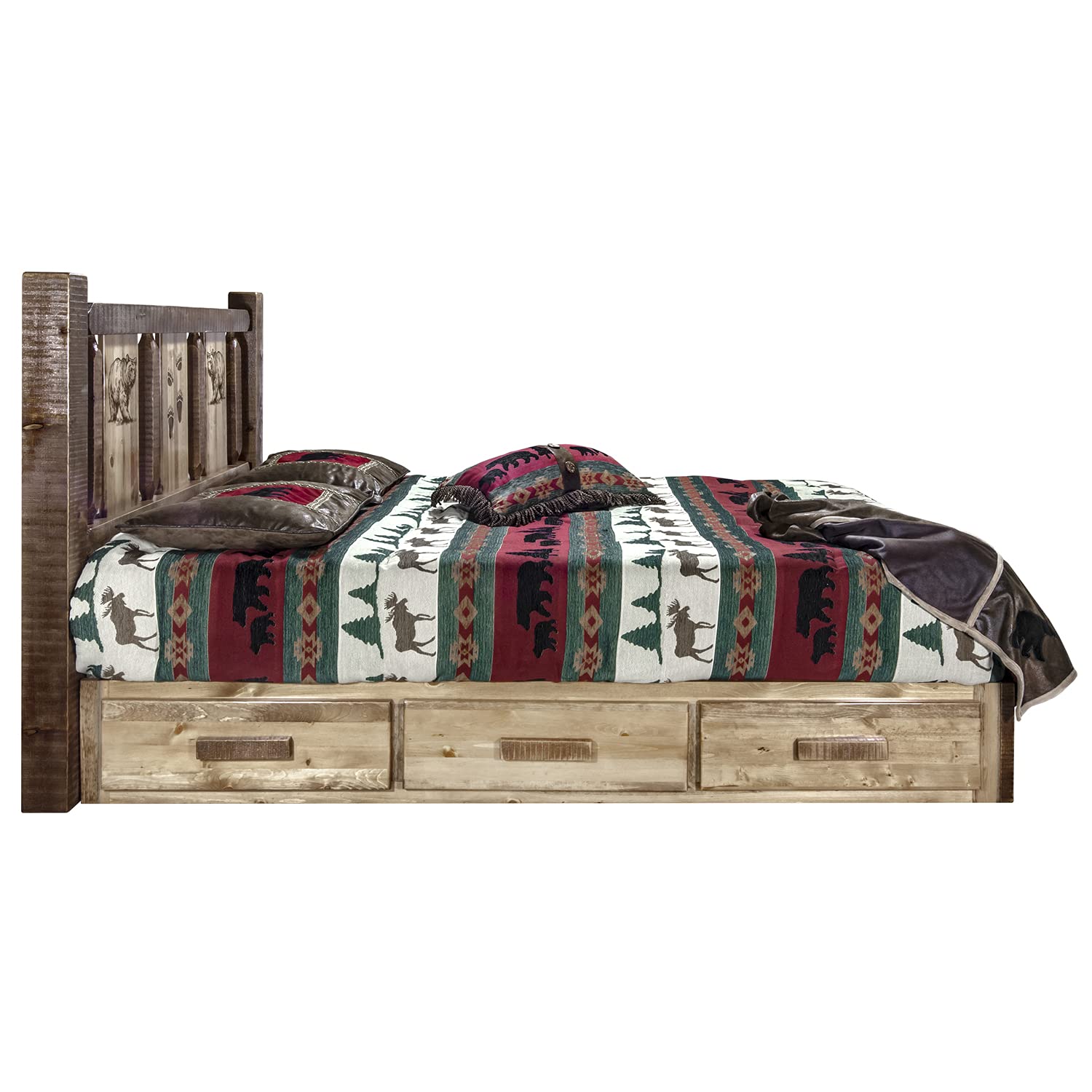 Montana Woodworks Homestead Collection Platform Bed w/Storage, Full w/Laser Engraved Bear Design, Stain & Clear Lacquer Finish