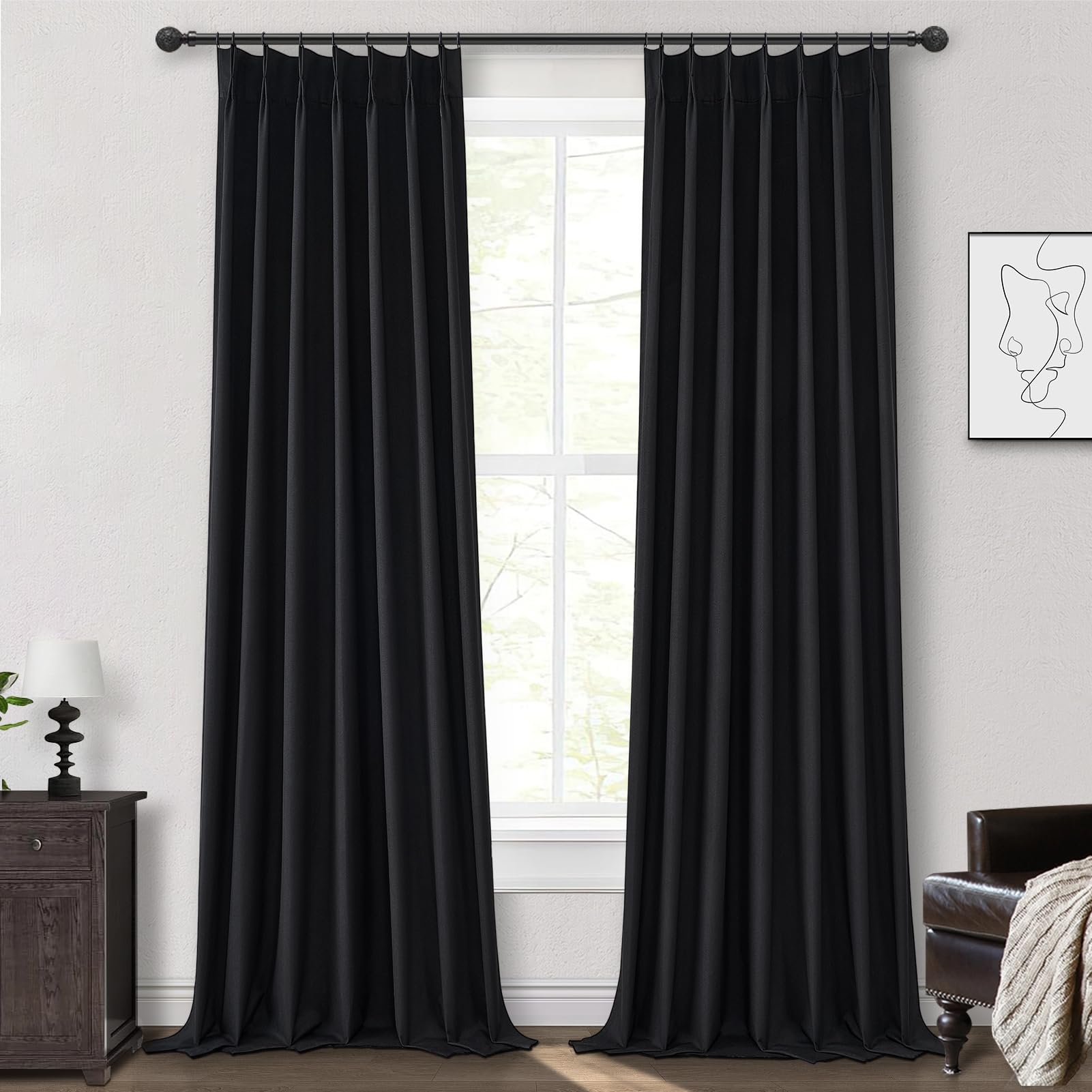 Solid Black 10 ft Blackout Curtains 120 Inches Long,Linen Elegant Floor Length Tall Large Window Curtain for Sliding Door 2 Pane