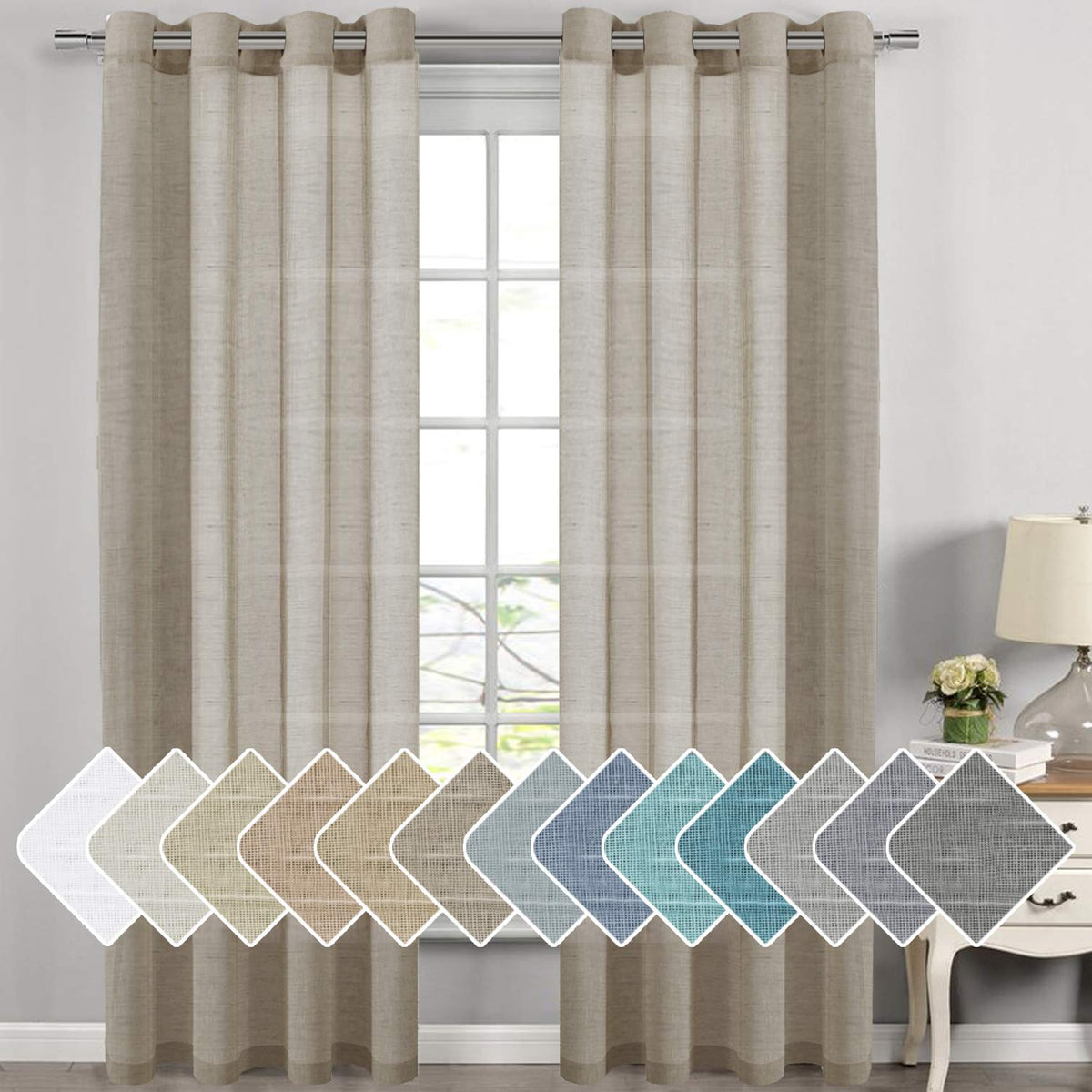 H.Versailtex Linen Curtains Flax Linen Blended Curtain Panels For Living Room/Bedroom Semi Sheer Privacy Curtains 108 Inch Lengt