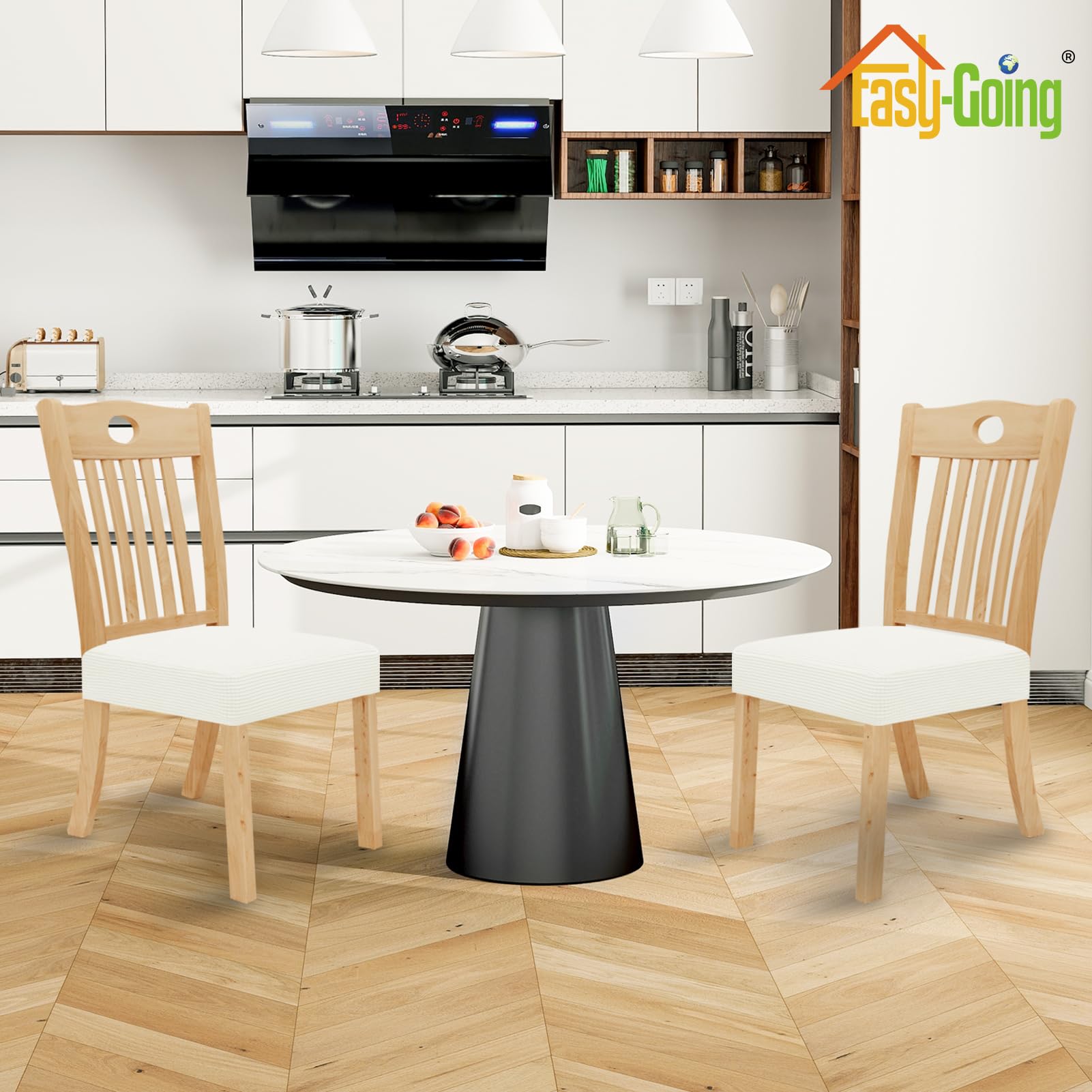 Easy-Going 100% Waterproof Seat Covers For Dining Room Chairs, Stretch Jacquard Chair Seat Slipcovers Removable And Washable Kitchen Dining Chair Covers (Set Of 2, Cream)