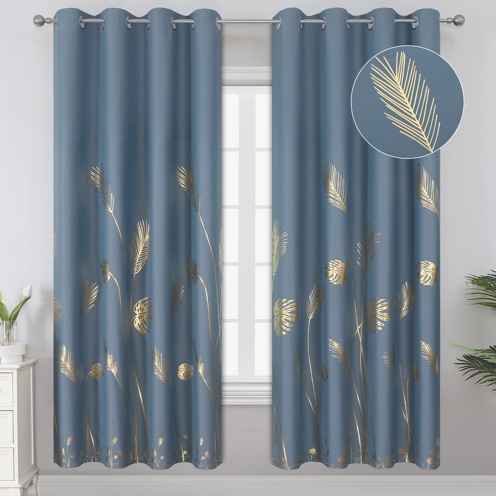 Estelar Textiler Stone Blue Blackout Curtains For Bedroom,Room Darkening Gold Palm Tree Pattern Curtains 72 Inches Long,Light Bl