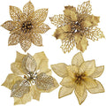 24 Pcs 4 Styles Christmas Gold Metallic Mesh Glitter Artificial Poinsettia Flower Stems Tree Ornaments in Box for Gold Christmas