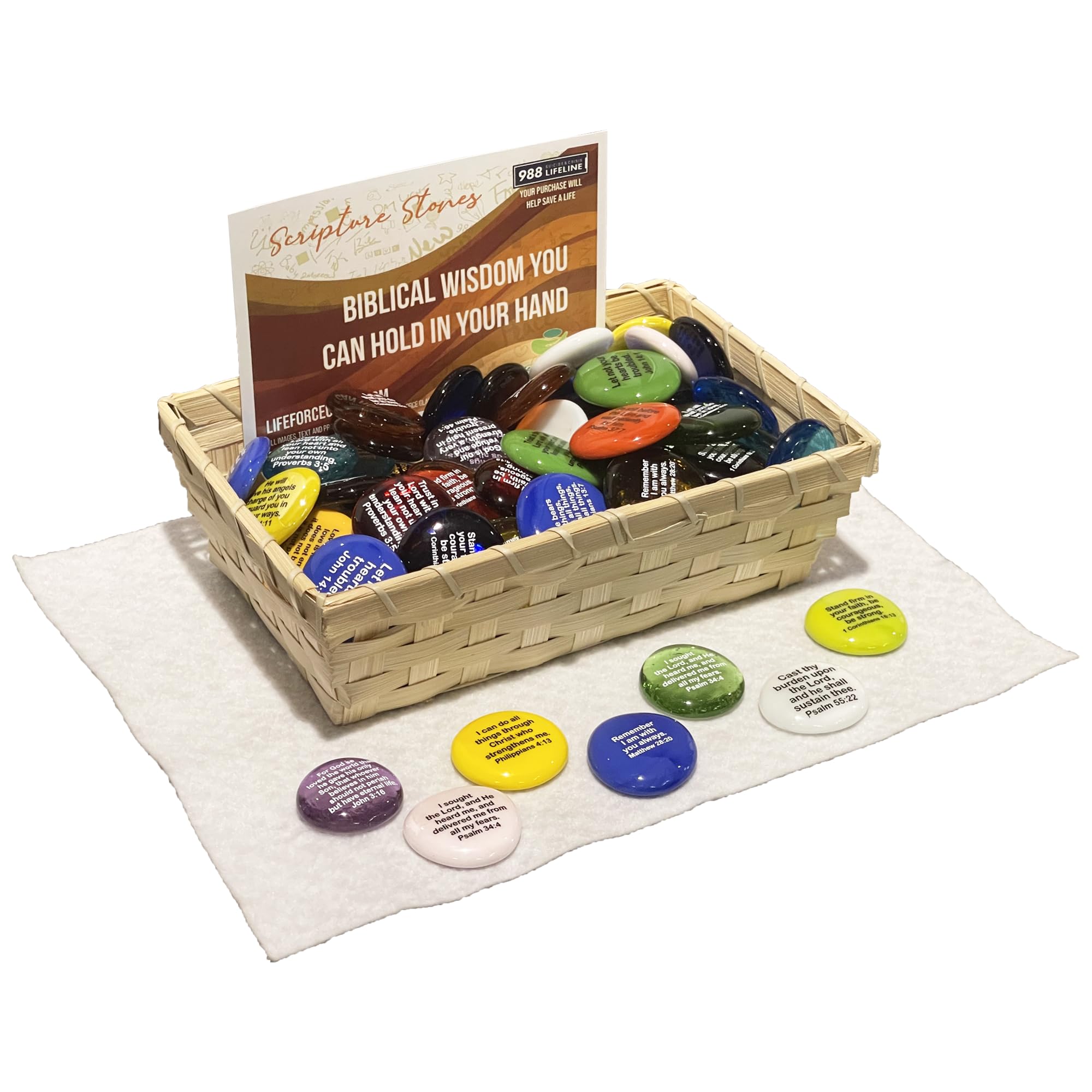 Scripture Glass Stones, Set of 100 Translucent and Opaque Glass Stones Printed with Many of Your Favorite Bible Verses with Reta