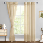 Hiasan Taupe Sheer Curtains 84 Inches Long With Tiebacks, Grommet Light Filtering Semi Transparent Voile Drapes Grommet Window Curtains For Living Room, Bedroom, W42 X L84, Set Of 2 Panels