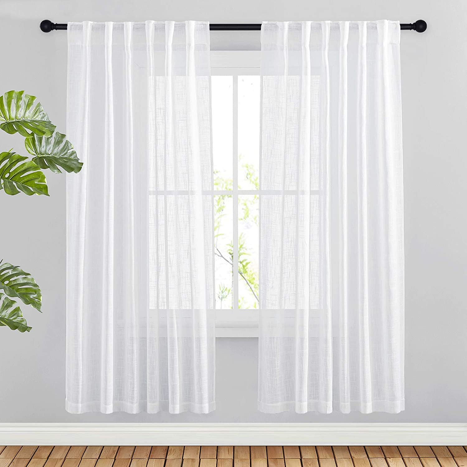 Nicetown White Faux Linen Semi Sheer Curtains 63 Inch Length For Bedroom, Rod Pocket & Back Tab Window Treatments Privacy With L