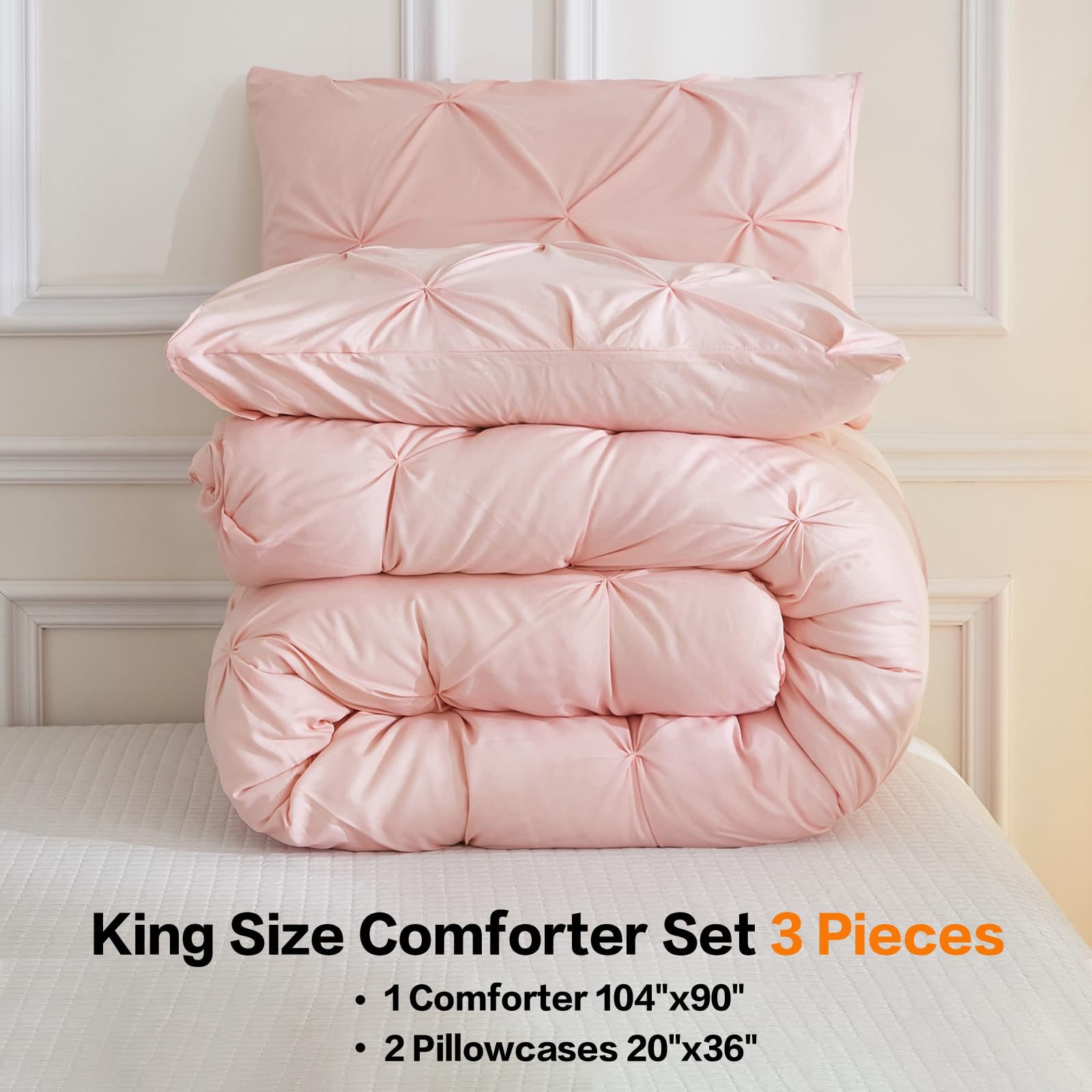 Andency Pink Comforter Set King(104X90Inch), 3 Pieces Soft Lightweight Cute Pinch Pleat Bedding Comforters & Sets, All Season Western Warm Down Alternative Bed Set For Girls Women