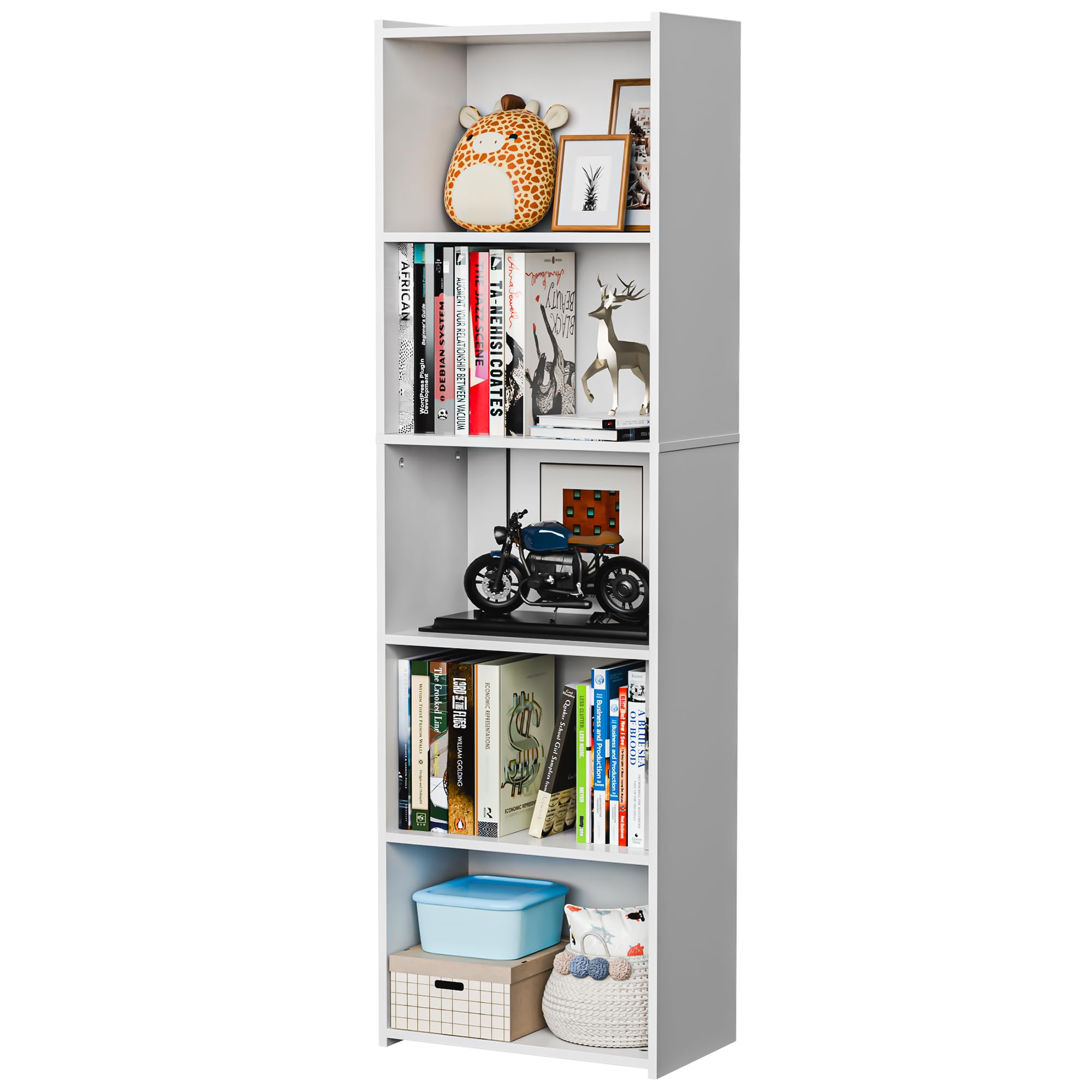 Super Deal 5-Tier Bookshelf Narrow Bookcase Wood Cube Storage Shelf Freestanding Open Shelf Display Rack Organizer For Small Spaces Kids Bedroom Living Room Home Office Apartment, 52 Inch White