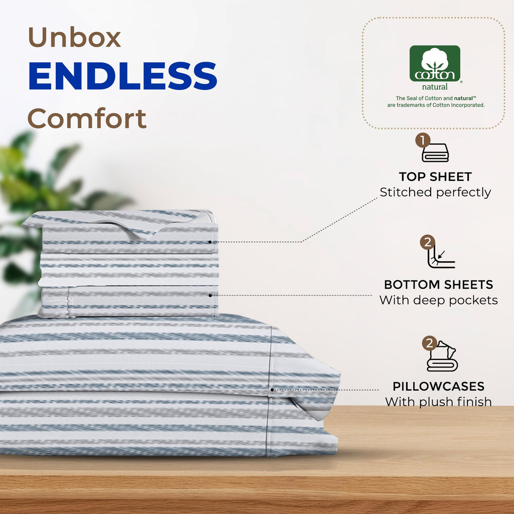 Thread Spread 100% Egyptian Cotton Printed Bed Sheets - 600 Thread Count 4 Pc Full Sheet Set, Hotel Luxury Sateen Bedsheets, 16' Deep Pocket Soft Cooling Sheets For Full Size Bed - Dotted Stripe