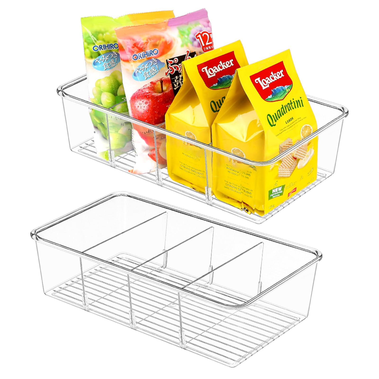 Zizoti 2 Packs Clear Pantry Organizer Storage Bins, Removable Snack Organizer Pantry Organization Storage Racks With 3 Dividers,