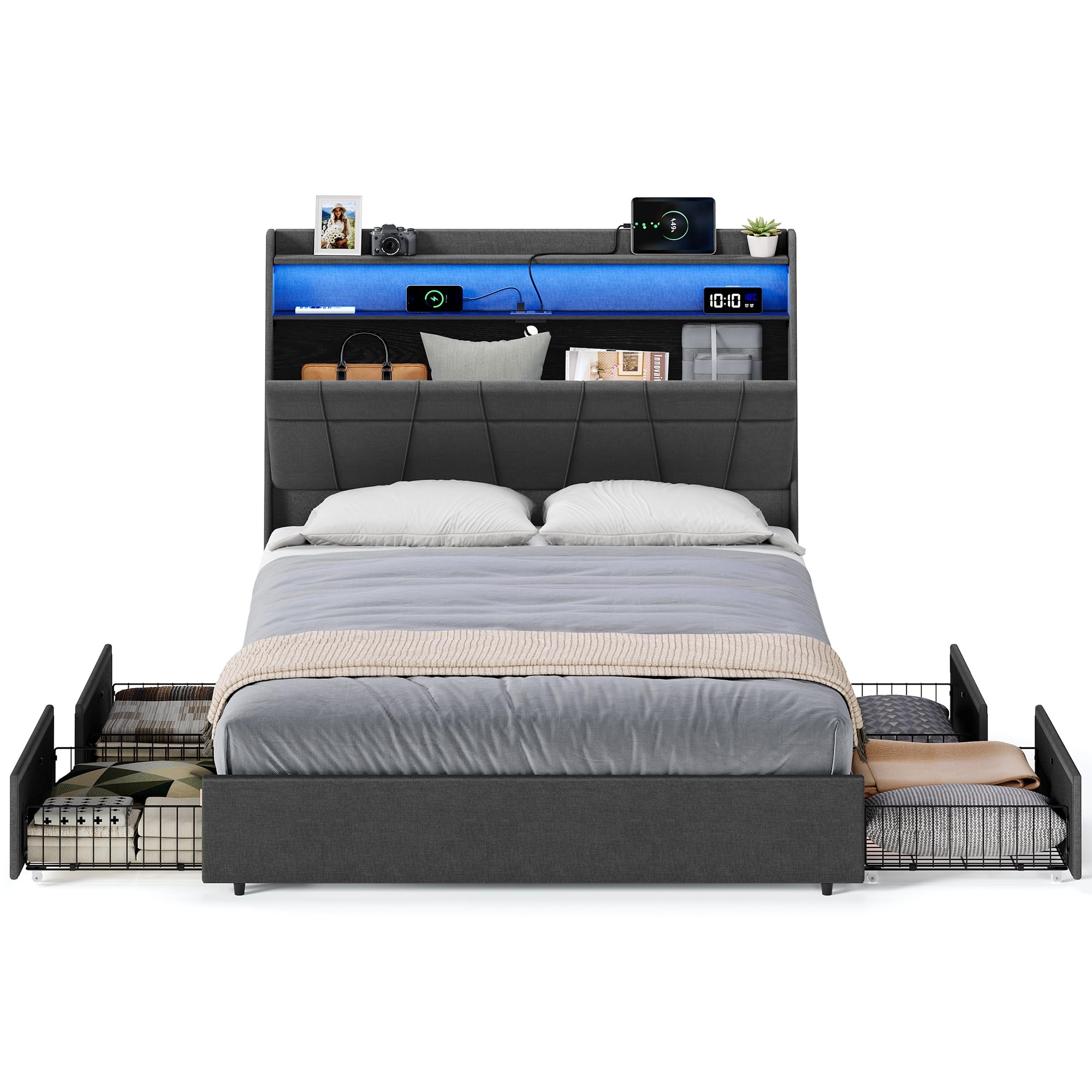 VASAGLE Queen Bed Frame with 51.4 Inch Tall Storage Headboard, Bed Frame Queen Size with 4 Storage Drawers on Wheels, LED Lights