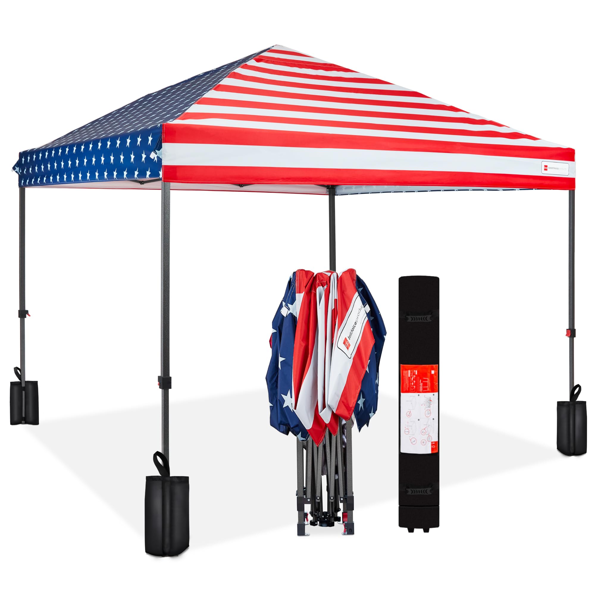 Best Choice Products 8x8ft Pop Up Canopy Tent, Outdoor Shade, 1 Person 1 Minute Set Up, Carry Case, 4 Weight Bags - American Fla