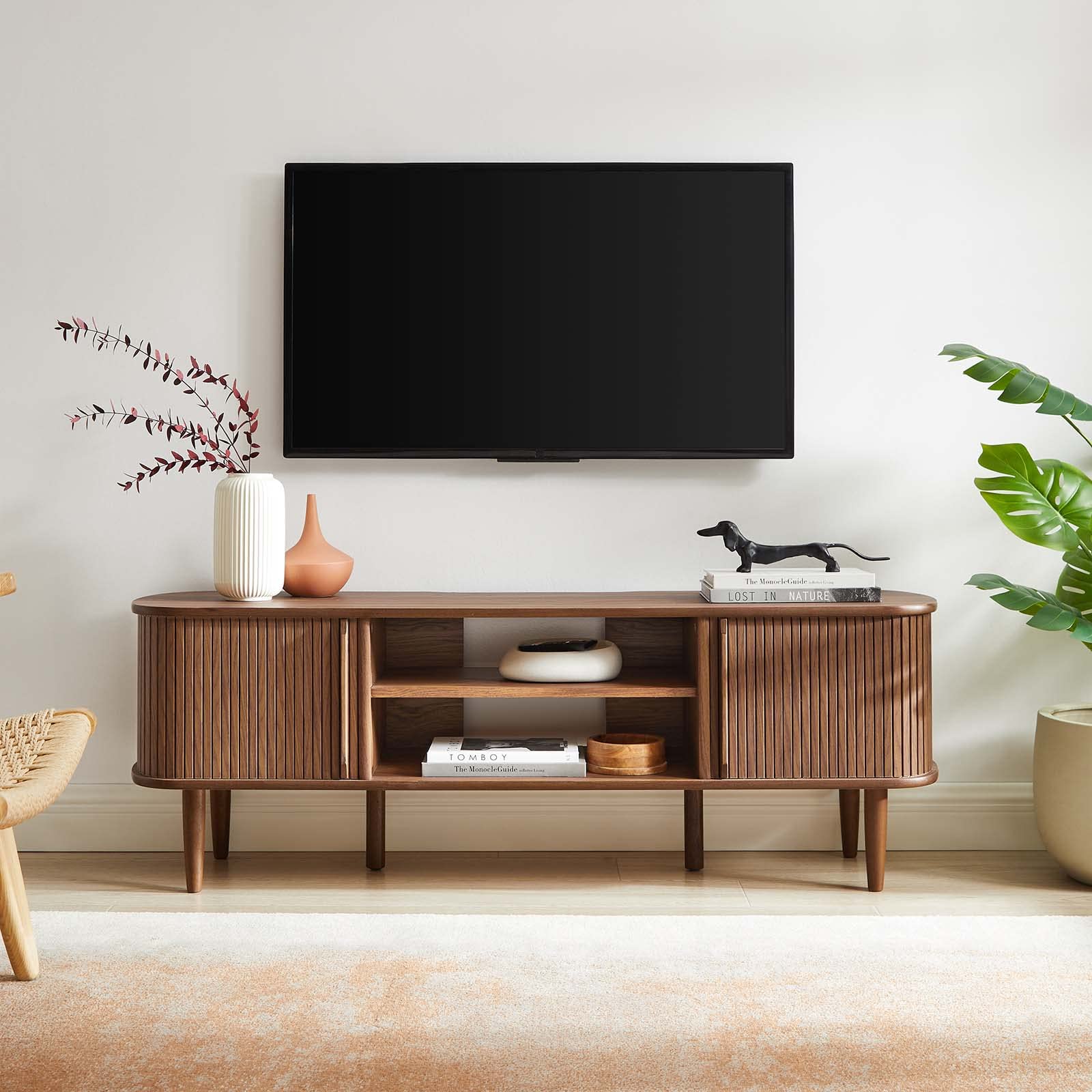 Modway Contour Mid-Century Modern Media Tv Stand In Walnut, 15 X 54.5 X 18.5