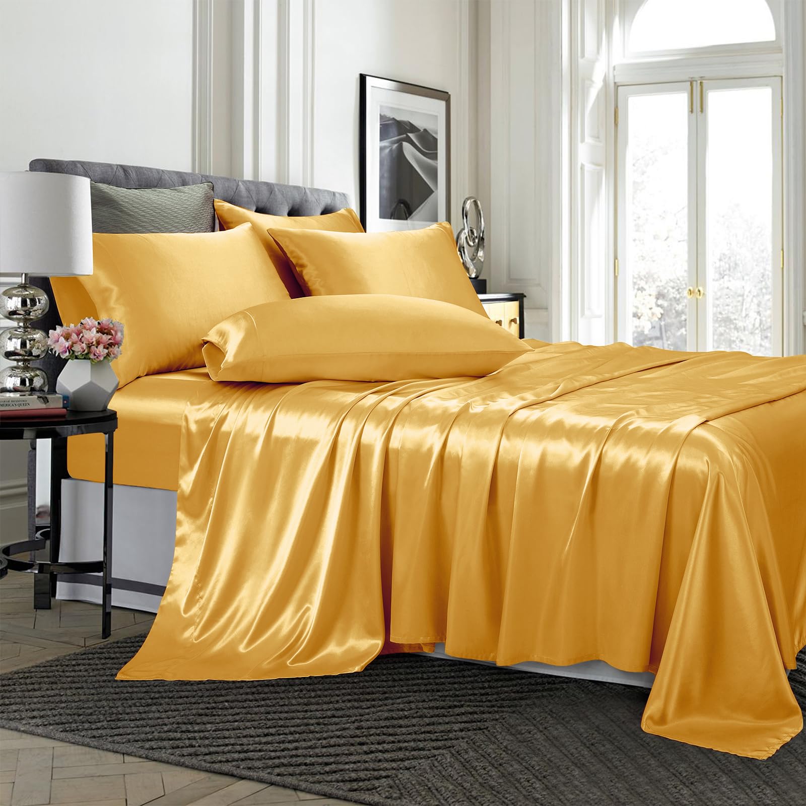 Treely 6 Piece Satin Sheets Queen Size Silky Smooth Gold Satin Sheet Set With Deep Pocket, Satin Fitted Sheet, Flat Sheet, 4 Sat
