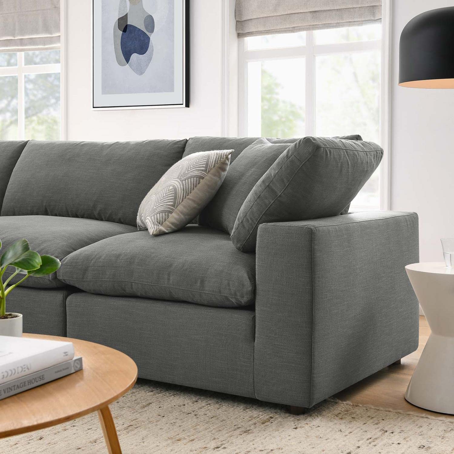 Modway Commix Down Down Filled Overstuffed 4 Piece Sectional Sofa Set, Seating For 3 - Ottoman, Gray