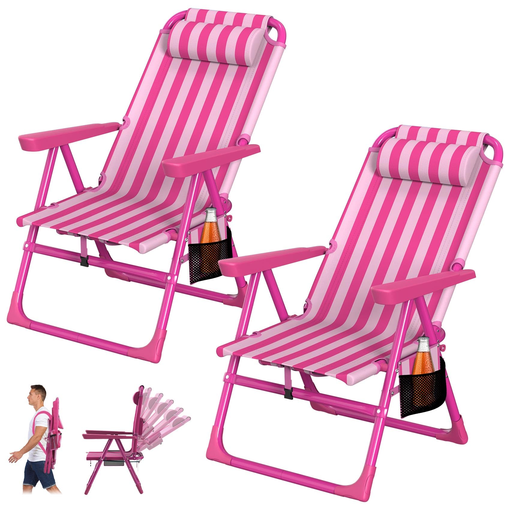 Suteck Backpack Beach Chairs for Adults 2 Pack, 6-Position Folding Reclining Chair with Cooler Bag & Cup Holder, Lightweight Por