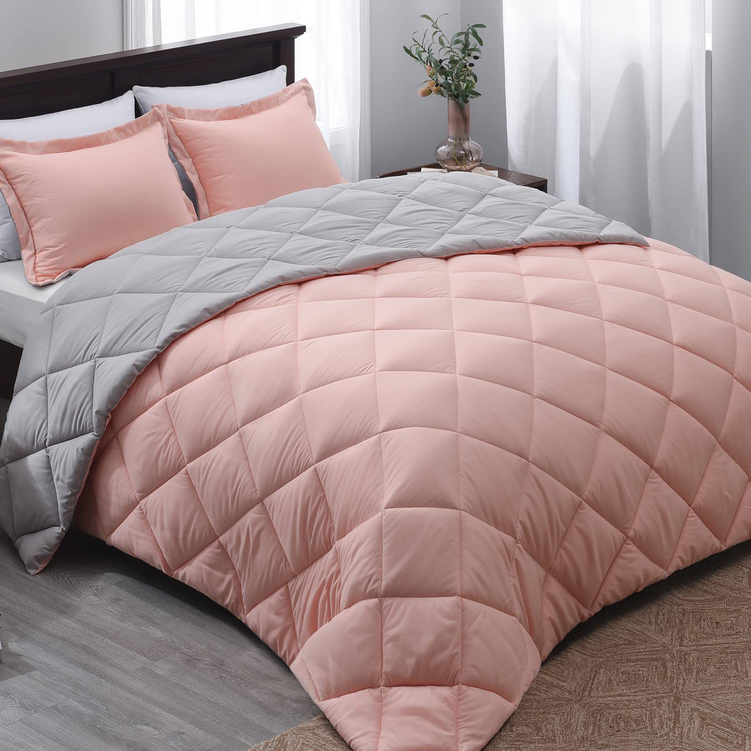 Basic Beyond Twin Comforter Set - Pink Twin Comforter Set, Reversible Twin Bed Comforter Set For All Seasons, Baby Pink/Grey, 1 Comforter (66'X92') And 1 Pillow Sham (20'X26'+2')