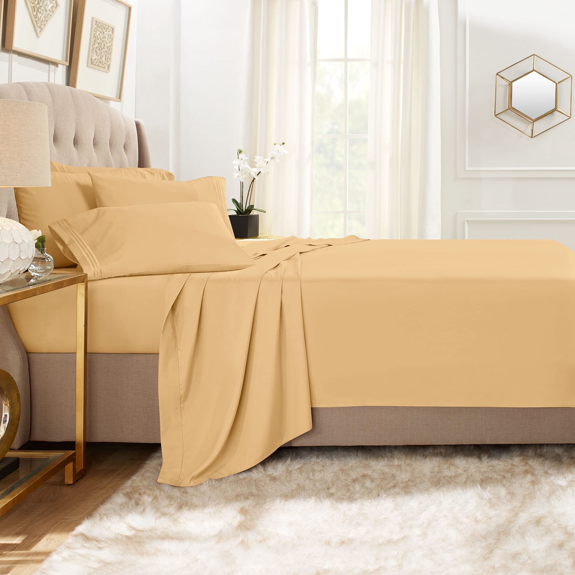 Clara Clark King Sheets, 6 Piece Set - Hotel Luxury Sheets For King Size Bed, Super Soft Bedding Sheets & Pillowcases, King Size Sheets, Camel Gold