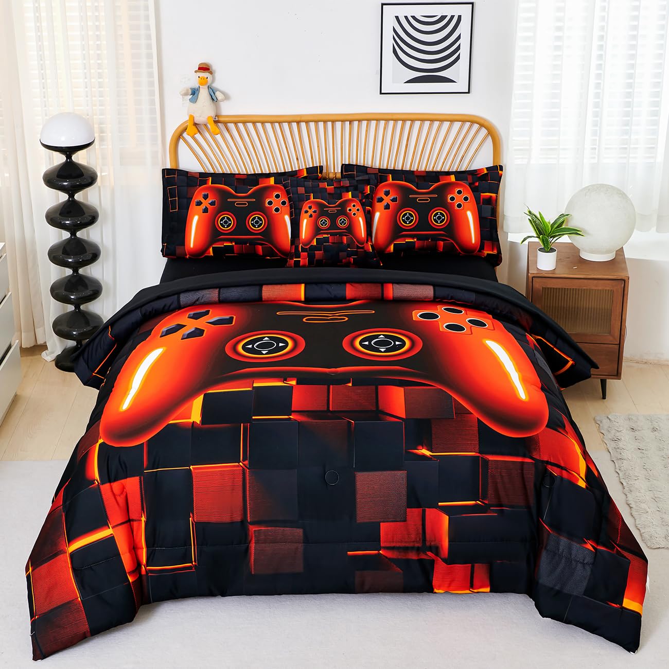 Perfemet Full Bedding Sets For Boys 6 Pcs Orange Game Kids Bed In A Bag With Sheet Set Lightweight Soft 3D Cool Gaming Bed Set F