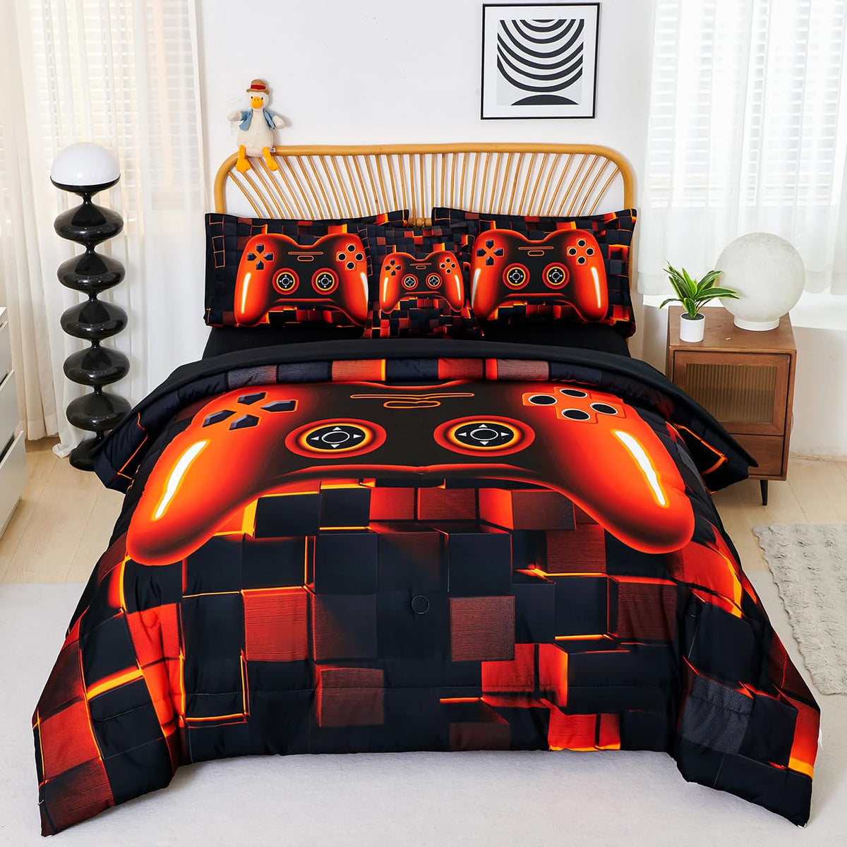Perfemet 6-Piece Gamer Comforter Black Orange Video Game Boys Bedding Set For Kids Teens Bedroom 3D Cool Soft Fluffy Gaming Bed