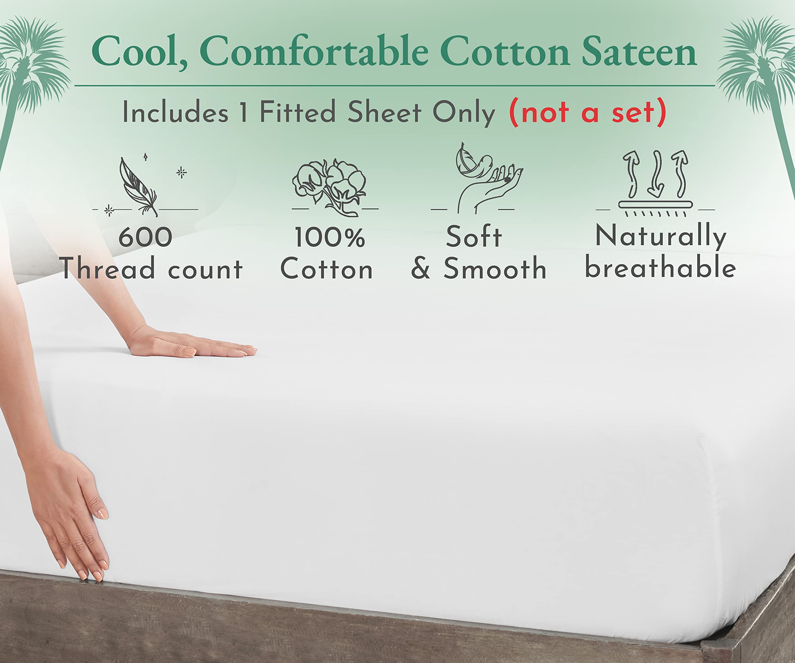 California Design Den Luxury Queen Size Fitted Sheet Only - 100% Cotton, 600 Thread Count, Soft Deep Pocket Bottom Fitted Sheet, Sateen Weave, Hotel Quality, Featuring Foot Side Indicator - White