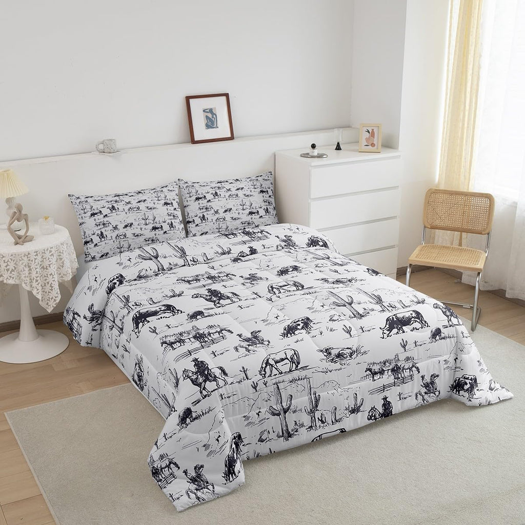 Feelyou Western Comforter Set Twin Size, White And Black Cowboy Cow Bedding Set Cowboy Comforter Desert Cactus Duvet Set Soft Be