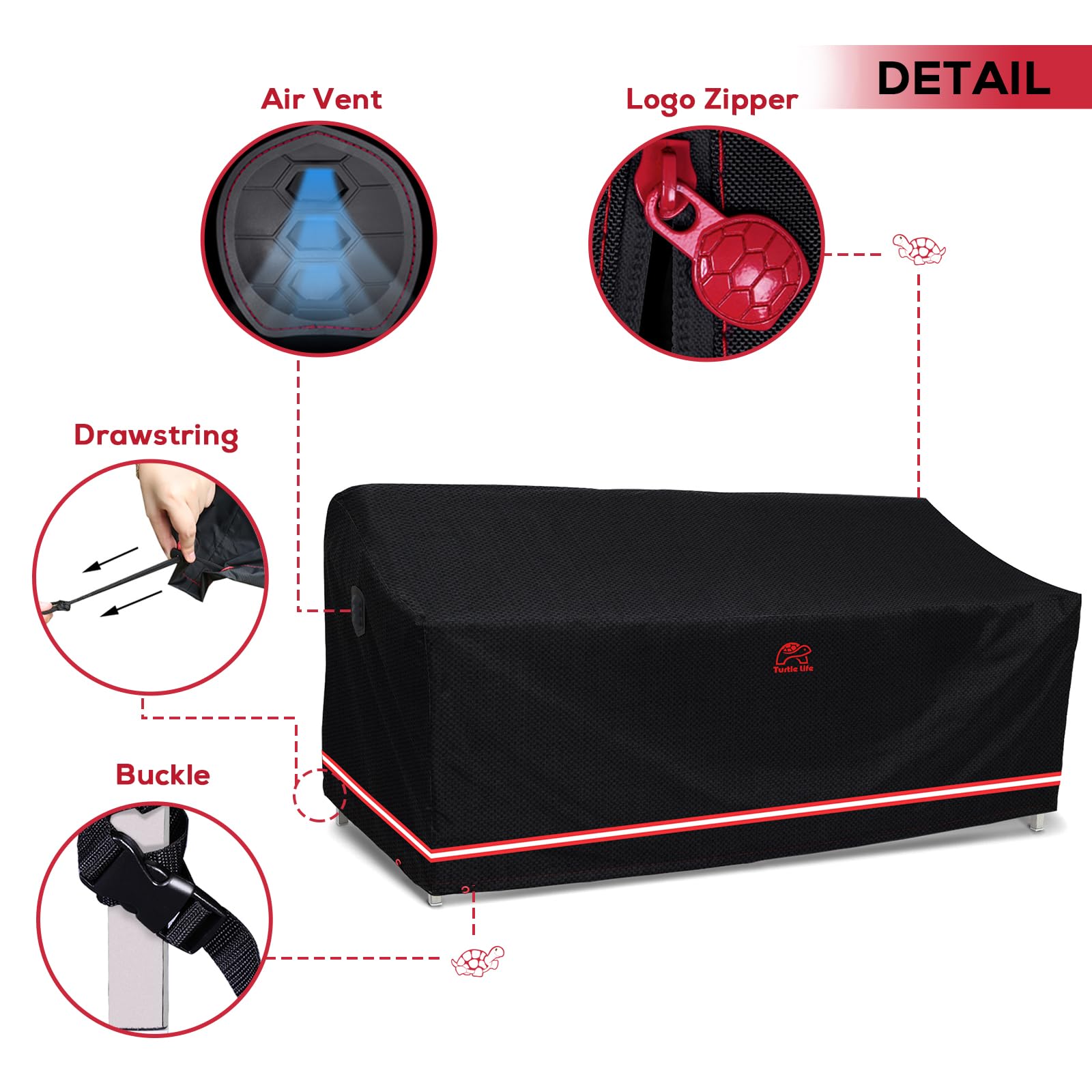 Turtle Life Patio Sofa Cover, Outdoor Heavy Duty Durable Uv Water Resistant Anti-Fading Loveseat Cover With 2 Upgrade Air Vents And 2 Buckles, Black, 84' W X 37' D X 35' H