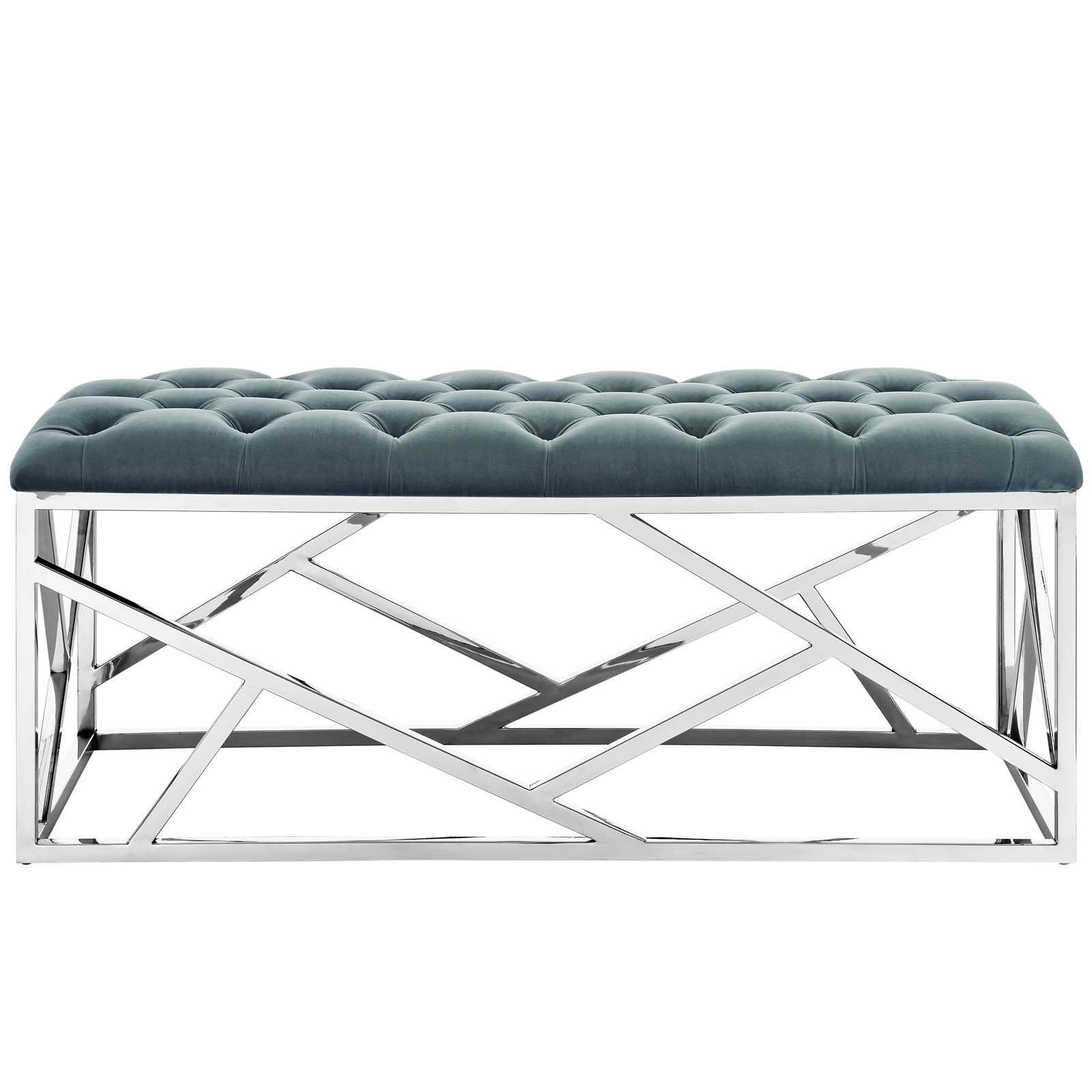 Modway Intersperse Button-Tufted Contemporary Modern Bench With Metallic Geometric Frame, Silver Sea Blue