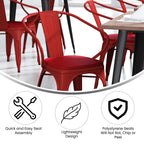 Flash Furniture Luna Commercial Grade Indoor-Outdoor Stack Chair with Arms - Red Metal Frame - Red All-Weather Polystyrene Seat - Vertical Slat Back