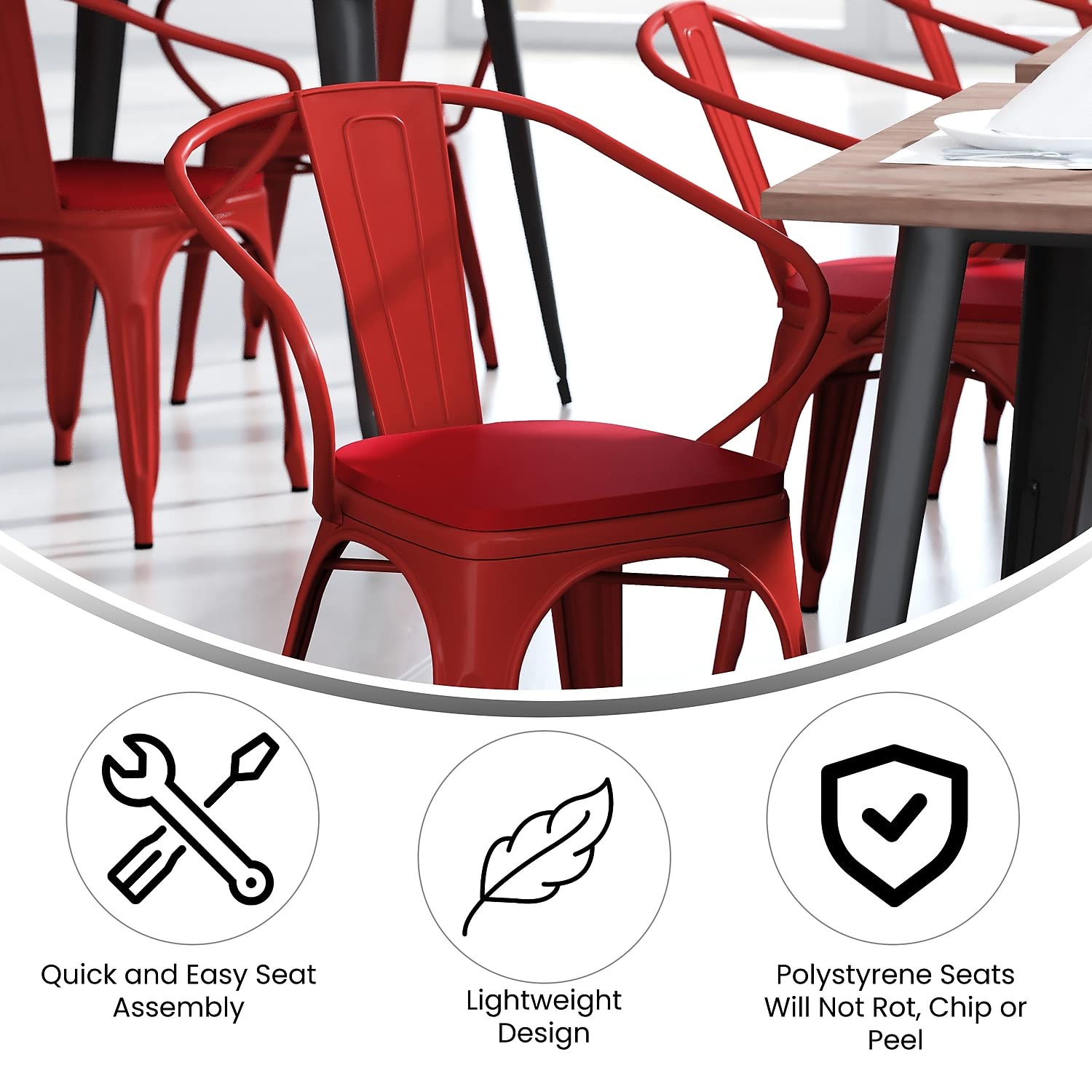 Flash Furniture Luna Commercial Grade Indoor-Outdoor Stack Chair with Arms - Red Metal Frame - Red All-Weather Polystyrene Seat - Vertical Slat Back