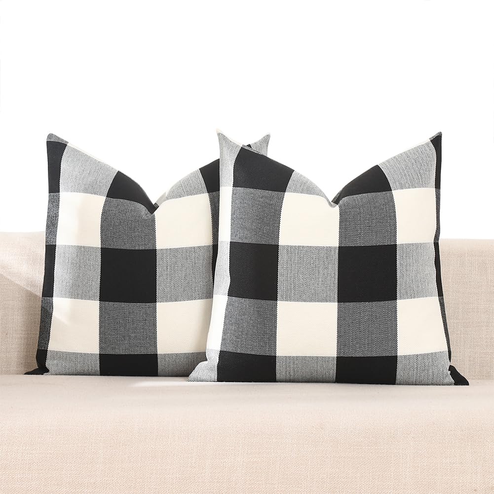 CARRIE HOME Black and White Buffalo Plaid Pillow Covers 20x20 Set of 2 Outdoor Linen Throw Pillow Covers Farmhouse Checkered Pil