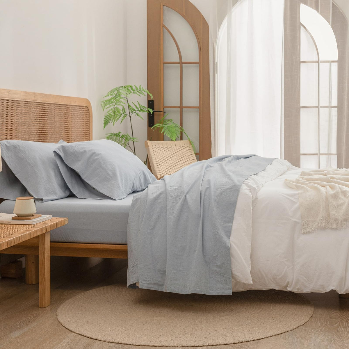 BESTOUCH Sheet Set 100% Washed Cotton Linen Feel Super Soft Comfortable Chic Lightweight 4 Pcs Home Bedding Set Solid Cornflower
