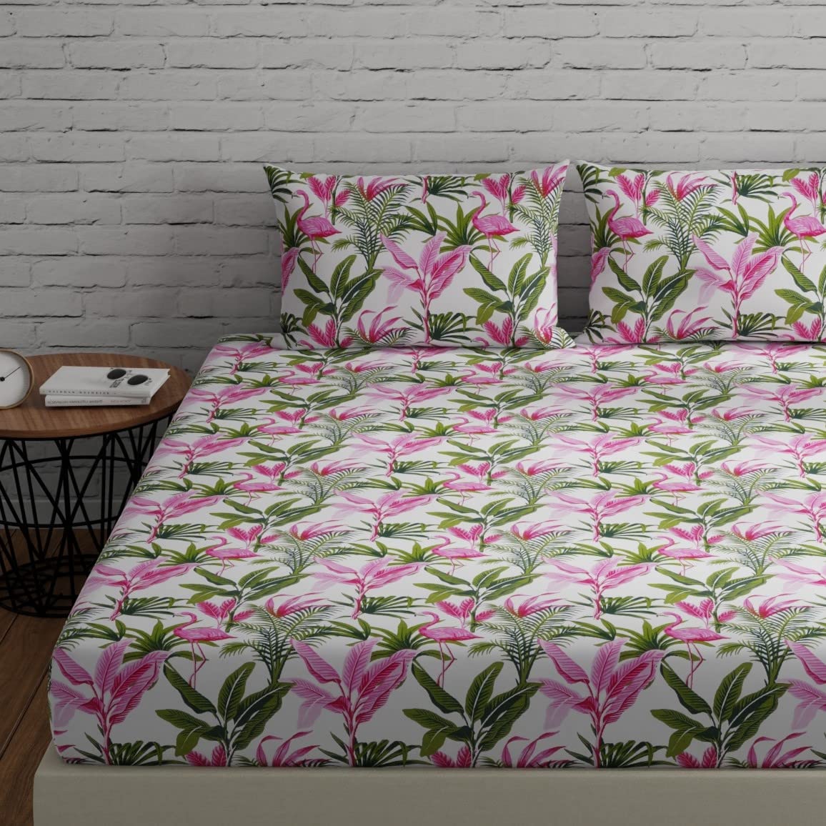 Huesland By Ahmedabad Cotton 144 Tc Bedspread For King Size Bed With 2 Pillow Covers | 108 By 108 Inch | Flamingos Pink