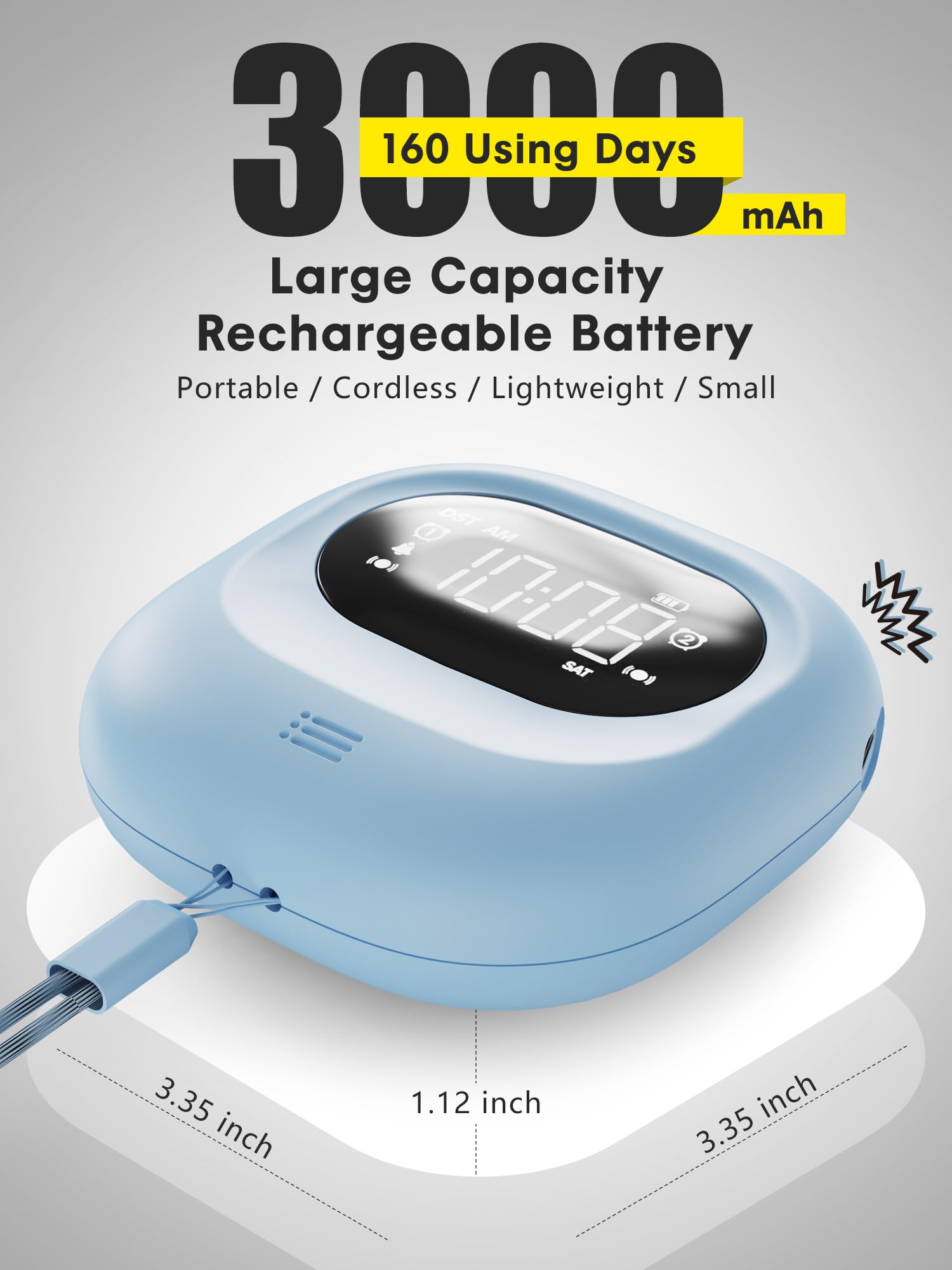 ROCAM Loud Dual Alarm Clock with Bed Shaker, Portable Blue Vibrating Alarm for Heavy Sleepers, Rechargeable, 12/24H, 3 Wake-up Modes